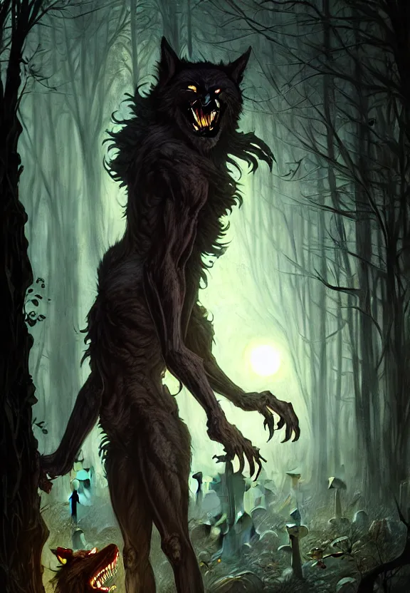 Image similar to Encounter with a monstrous werewolf at a spooky old cemetery, fantasy magic, dark light night, intricate, elegant, sharp focus, illustration, highly detailed, digital painting, concept art, matte, art by WLOP and Artgerm and Greg Rutkowski and Alphonse Mucha, masterpiece