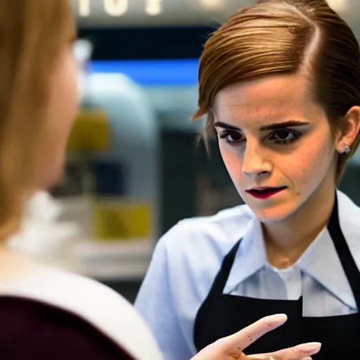 Image similar to emma watson as a mcdonald ’ s cashier, portrait, close up, shallow depth of field, award winning,