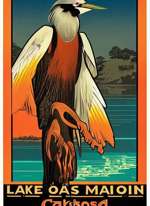 Prompt: a vintage art deco vacation poster for lake merritt in oakland depicting charles manson as a black crowned night heron with a smoky dark orange sky, by ernst haeckel, by alphonse mucha