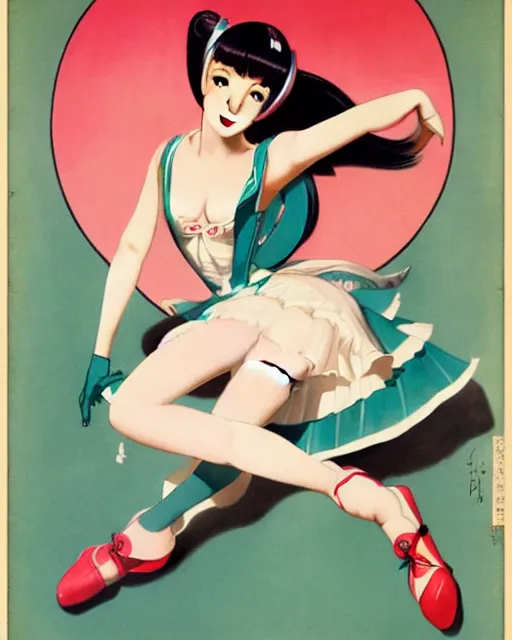 Image similar to hatsune Miku dancing by Gil Elvgren and Enoch Bolle