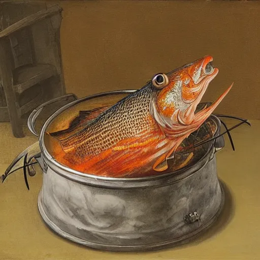 Prompt: surprised fish on a pile of fish in a cooking pot on fire, side view, by juan gimenez, dystopian art, rococo