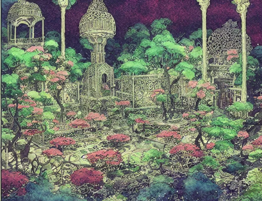 Image similar to lovecraftian persian palace garden. this watercolor painting by the award - winning mangaka has dramatic lighting, an interesting color scheme, a sense of depth.