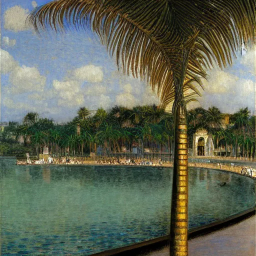 Image similar to a ultradetailed beautiful painting of the amazonas palace balustrade designed by jules bastien - lepage, tarsila do amaral, frank weston and gustave baumann, beach, trending on artstation, mediterranean, palm trees, detailed face, sharp focus, soft light, 8 k 4 k