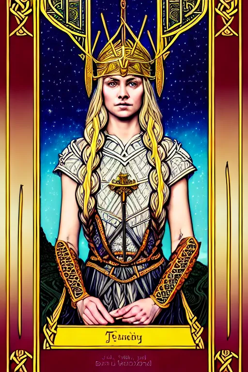 Prompt: beautiful and refined fractal tarot card featuring an ornate, realistic, and regal high key studio portrait of a beautiful attractive young viking queen with braided blonde hair and a helmet by Suicide Girls, by Dan Mumford, by Jim Fitzpatrick, by joe wilson, featured on deviant art, trending on artstation, hands behind her back