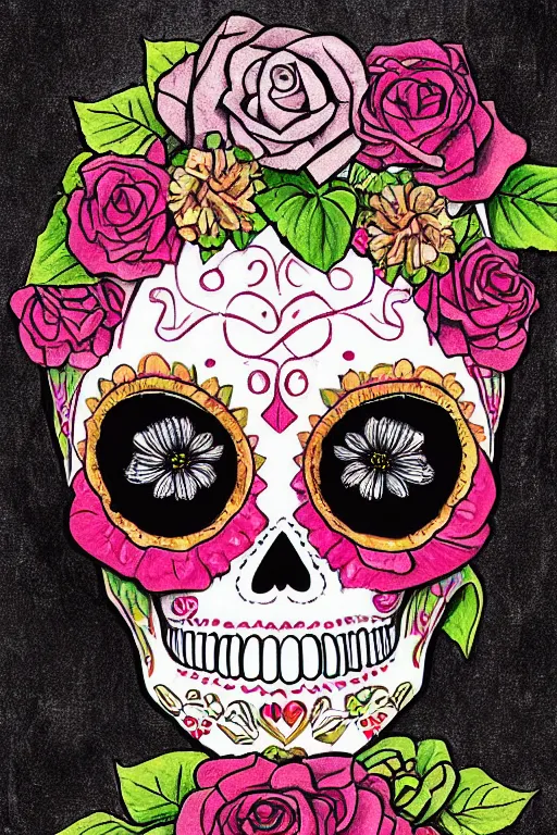 Prompt: illustration of a sugar skull day of the dead girl, art by alesso baldovinetti