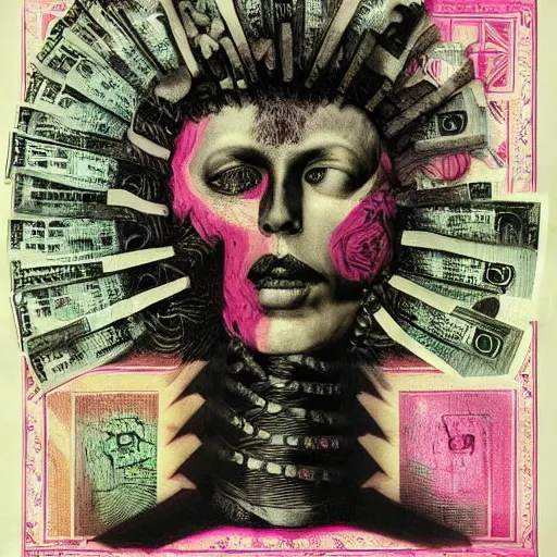 Prompt: post - punk new age album cover, asymmetrical design, mess, frame of a dollar bank notes, capitalism, magic, apocalypse, psychedelic, black white pink, magic, giger h. r., giuseppe arcimboldo