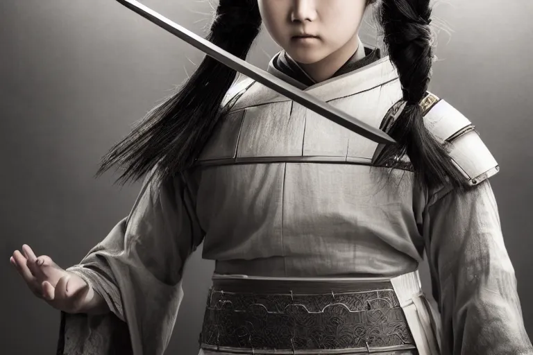 Image similar to highly detailed beautiful photo of a young female samurai, practising sword stances, symmetrical face, beautiful eyes, realistic anime art style, 8 k, award winning photo, pastels, action photography, 1 / 1 2 5 shutter speed, dramatic lighting