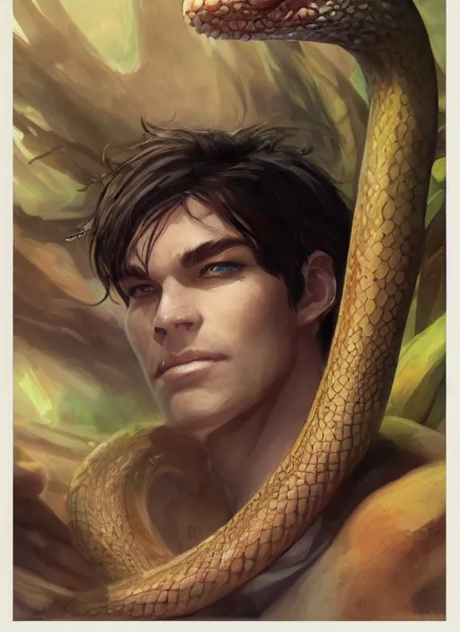 Prompt: a portrait of a male character who has two snake nostrils in a scenic environment by Ross Tran and by Jesper Ejsing and by Mikalojus Konstantinas Ciurlionis