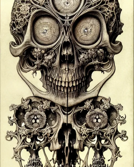 Image similar to memento mori by arthur rackham, art forms of nature by ernst haeckel, exquisitely detailed, art nouveau, gothic, ornately carved beautiful skull dominant, intricately carved antique bone, art nouveau botanicals, ornamental bone carvings, art forms of nature by ernst haeckel, horizontal symmetry, arthur rackham, ernst haeckel