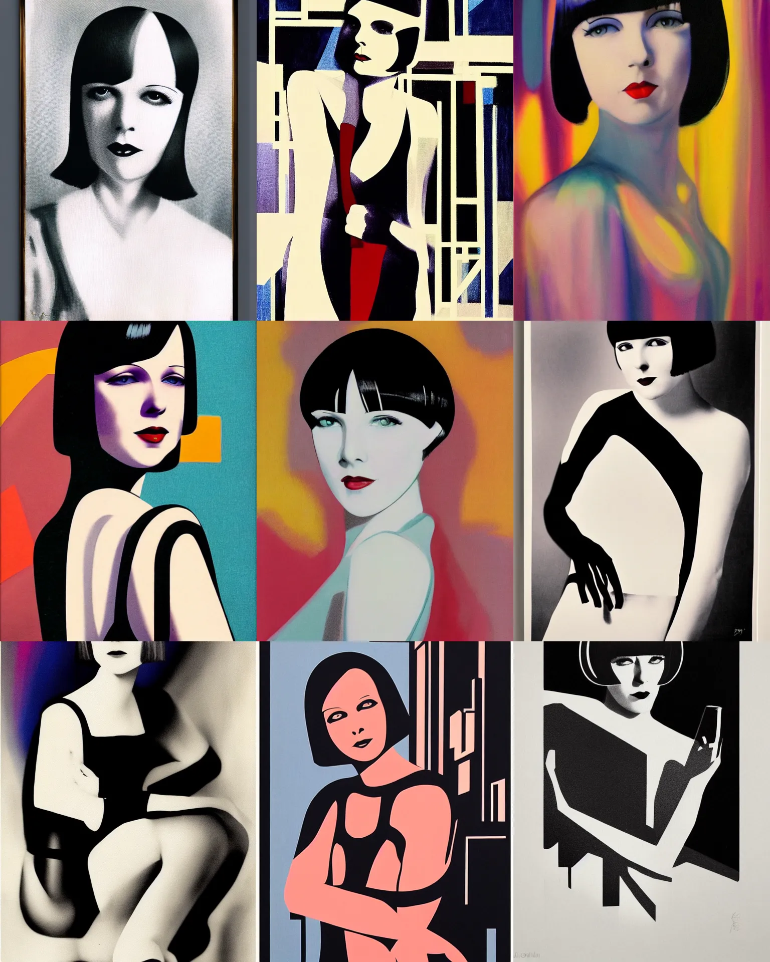 Prompt: full length portrait of 2 0 year old mary louise brooks, shiny bob haircut, dramatic light, abstract art deco city background, screen print, high contrast, sharp,, painted by ross tran 1 9 2 0 s