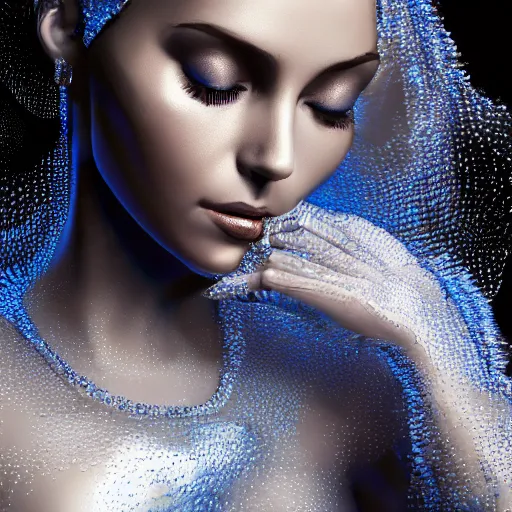 Image similar to a highly detailed digital image of a futuristic woman elegantly wrapped with silver leaves and blue ice cubes, by Andrea Chiampo, artstation and Frederik Heyman, extremely detailed woman, stunning volumetric lighting, hyper realism, fantasy 4k