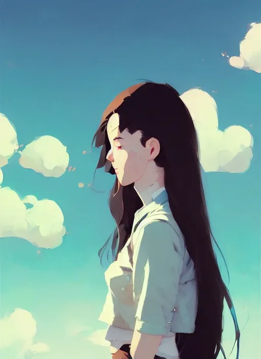 Prompt: portrait of cute girl, cloud sky background, by atey ghailan, by greg rutkowski, by greg tocchini, by james gilleard, by joe gb fenton, by kaethe butcher, dynamic lighting, gradient light blue, brown, blonde cream and white color in scheme, grunge aesthetic