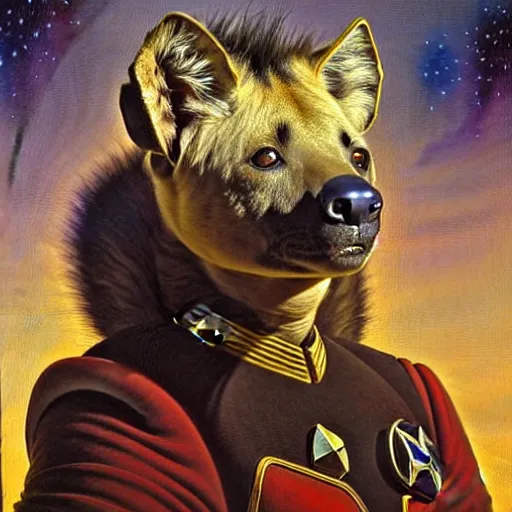 Prompt: a portrait of a hyena hyenaman canine star trek in a starfleet uniform chief engineer. highly detailed painting by gaston bussiere craig mullins jc leyendecker gustav klimt artgerm greg rutkowski furry