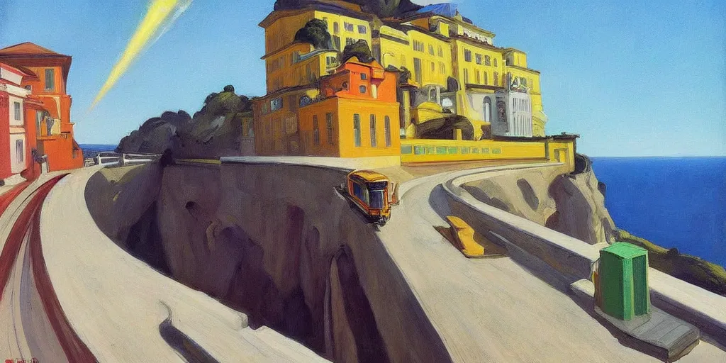Image similar to street art. paralyzed by the indescribable beauty of the cosmos. amazing view of the electric trail from city of sintra. art style by edward hopper daring, incredible