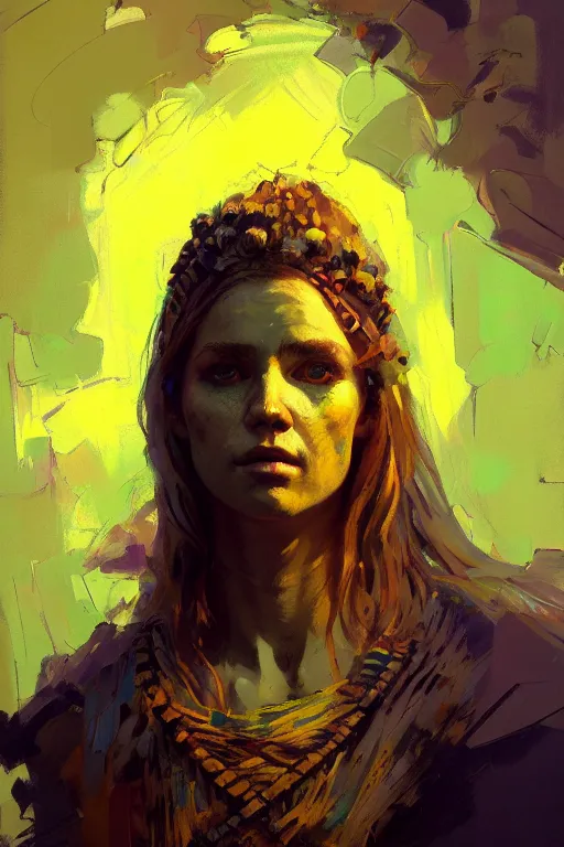 Image similar to portrait of a beautiful viking female, complementary colors, beautiful face, rule of thirds, intricate outfit, spotlight, by greg rutkowski, by jeremy mann, by francoise nielly, by van gogh, digital painting