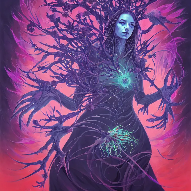 Prompt: non - ordinary girl of # magic the gathering, stars of spirit, by peter rohrabacher annatto finnstark | flowers of purity, future heaven plants by leiko ikemura, and ilya kuvshinov | sparkling atom fractules of skulls and mechs deep under the spine cords, by alex grey and hr giger