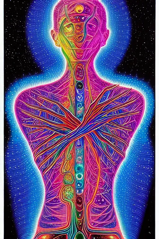 Image similar to A psychedelic silhouette of a human body filled with the universe, planets, stars and galaxies in the style of Alex Grey