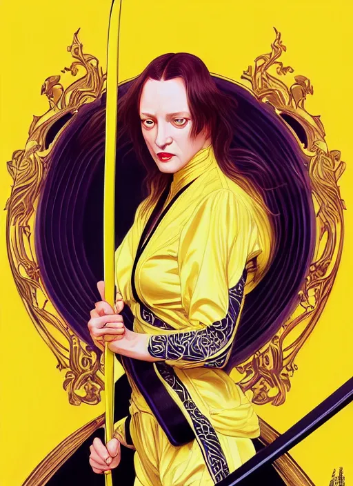 Image similar to uma thurman in kill bill, rococo and art nouveau fusion, reflective katana, yellow jumpsuit with black stripe, highly detailed, deep focus, elegant, digital painting, smooth, sharp focus, illustration, ultra realistic, japanese art by artgerm and alphonse mucha