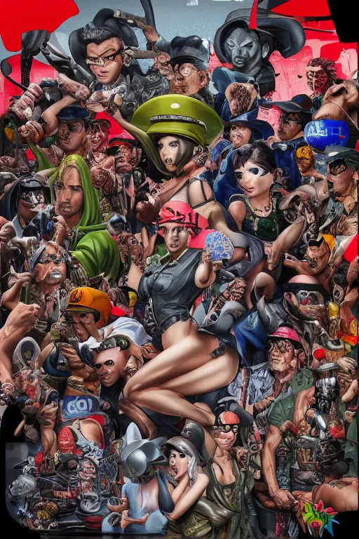 Image similar to place full of tunnel rats - pop art, hyperrealistic, detailed by artgerm and richard hamilton and mimmo rottela and bob rafei and kazuma kaneko and bengus and yoshitaka amano