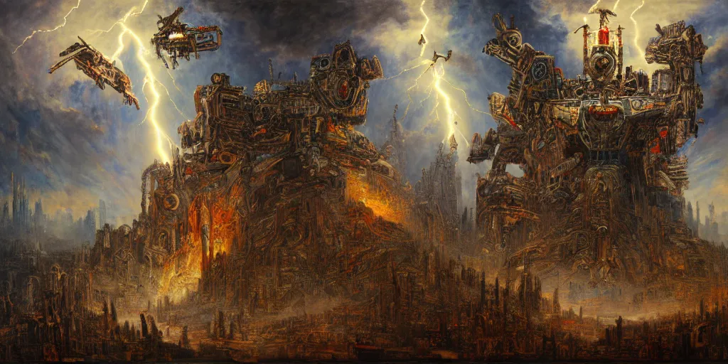 Prompt: Giant War Robot in the middle of Toyto in style of Gustave Moreau. Symbolism, Detailed Art, 8K, Epic, Dynamic Lightning.