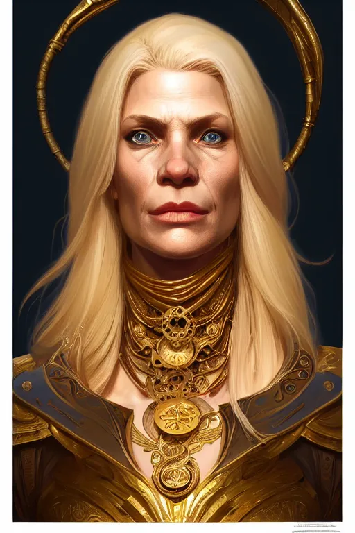 Image similar to portrait of a middle aged blonde haired woman in the style of god of war, golden machine parts, intricate, elegant, highly detailed, digital painting, artstation, concept art, smooth, sharp focus, illustration, art by artgerm and greg rutkowski and alphonse mucha, 8 k