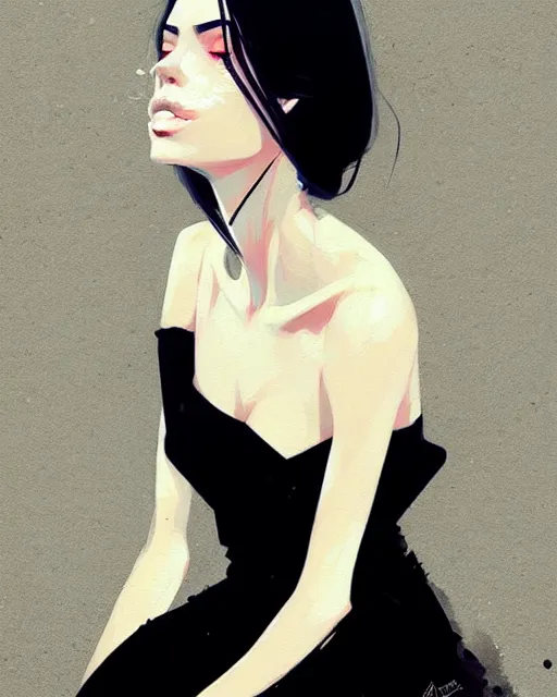 Image similar to a ultradetailed beautiful portrait panting of a stylish woman in a black dress sitting, by conrad roset, greg rutkowski and makoto shinkai trending on artstation