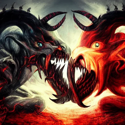 Image similar to Two demons fight each other in hell , dark gothic style, artwork, 4k