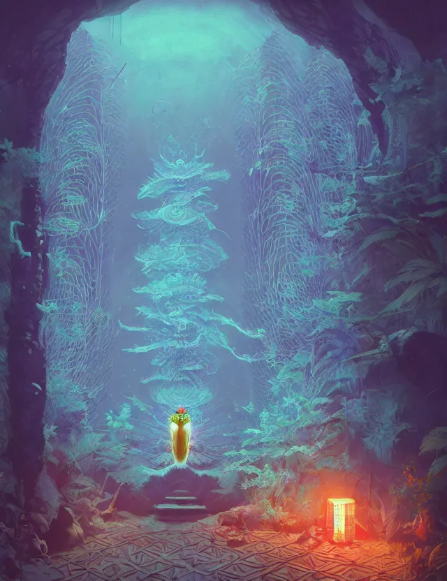 Prompt: 3 d liminal space abandoned temple forest. beautiful intricately detailed japanese crow kitsune mask and clasical japanese kimono. betta fish, jellyfish phoenix, bio luminescent, plasma, ice, water, wind, creature, artwork by tooth wu and wlop and beeple and greg rutkowski