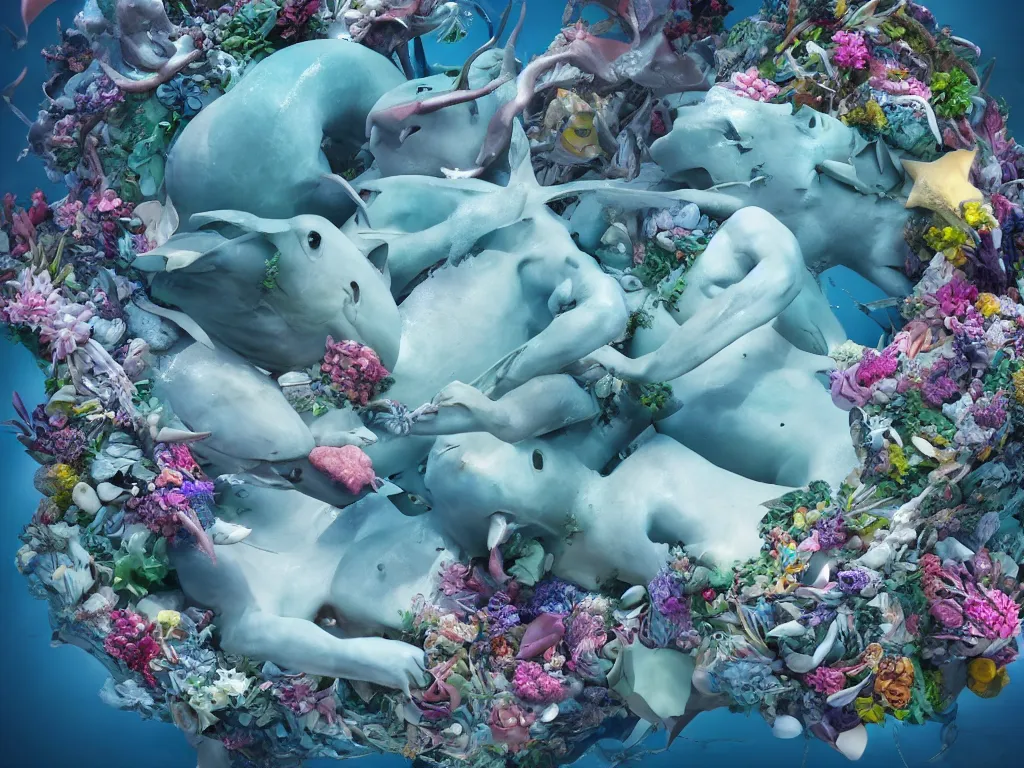 Image similar to a sculpture of ocean shark intertwined, a lovely cornucopia of flowers and human body parts, body parts, highly detailed, octane render, cinematic, shock, sharp focus