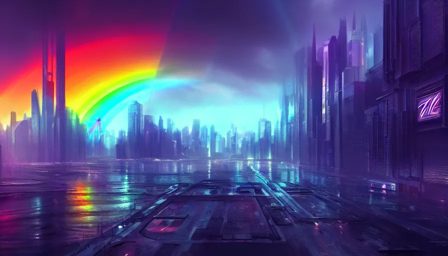 Prompt: vibrant rainbow in dytopian desaturated sci - fi city, rendering, photorealism, digital art, photoshop. wallpaper, artstation