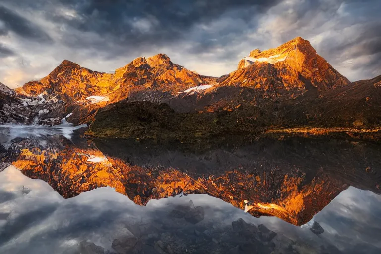 Prompt: amazing landscape photo of mountains with mirror instead of lake in sunset by marc adamus beautiful dramatic lighting, Gediminas Pranckevicius