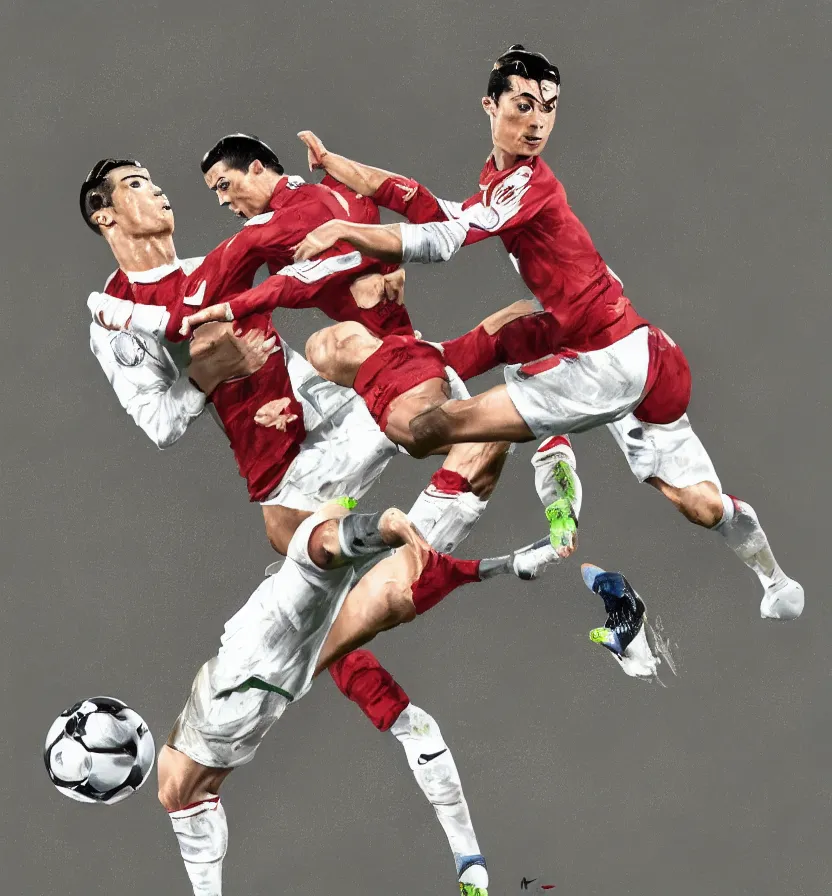Prompt: cristiano Ronaldo meat limbs tackling an angel with a Nike ball, football