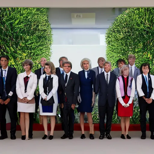 Prompt: press photo of annie leonhart on g 7 summit standing with other g 7 members, press conference, zeiss 1 5 0 mm, sharp focus, natural lighting, ultra realistic, high definition 4 k photo, g 7 summit press photos