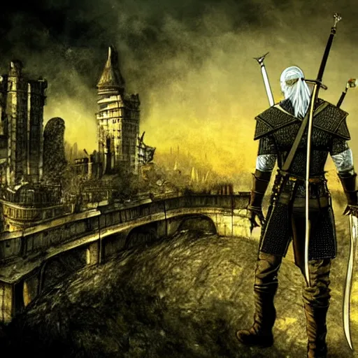 Prompt: Witcher, big city background, artwork by Ben Templesmith, deviantart contest winner,