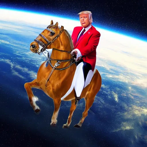 Image similar to donald trump riding a horse in space, hd photo