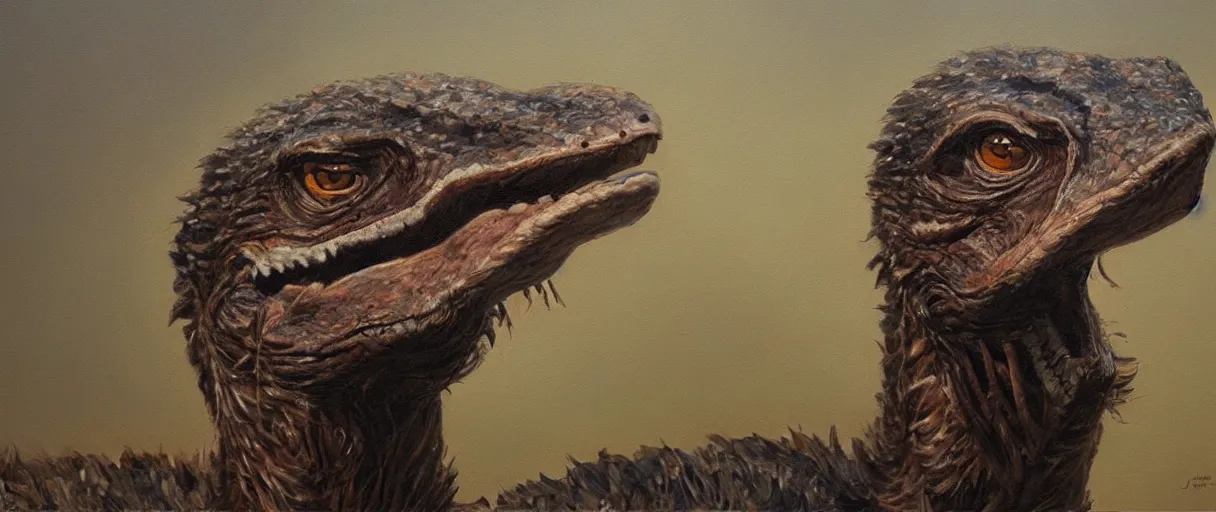 Image similar to oil painting of a velociraptor on canvas, by James gurney, realism, warm lighting, award winning, high detail, professional, volumetric lighting