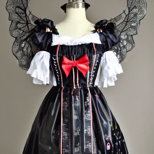Prompt: A windmill themed lolita outfit ; the fabric has pictures of solar panels and windmills on it. A beautiful lolita dress, Angelic Pretty