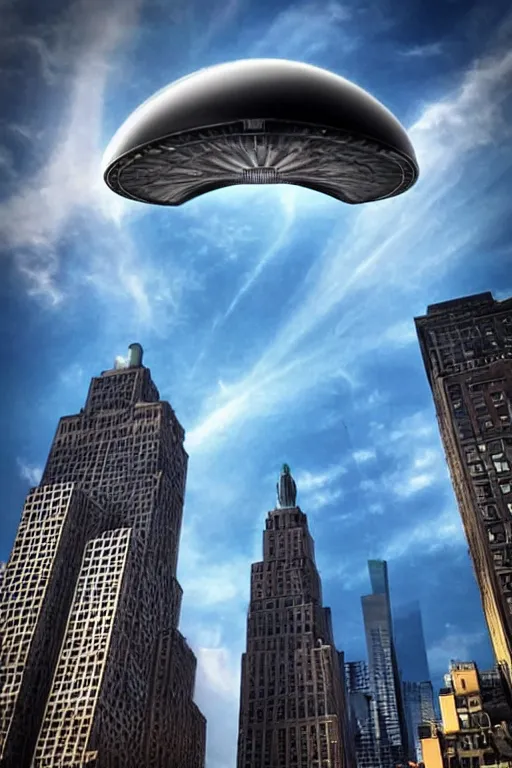 Prompt: giant UFO in the sky of New York, a photo taken on iPhone, photo taken from the ground, social media