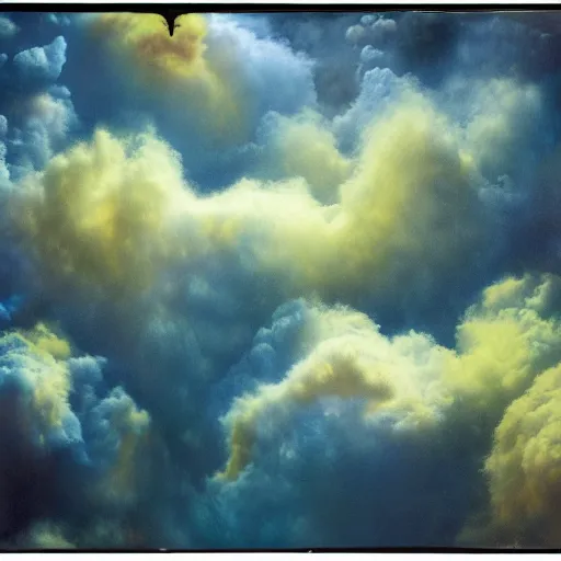 Image similar to crying girl, covered in yellow and blue clouds, by kim keever