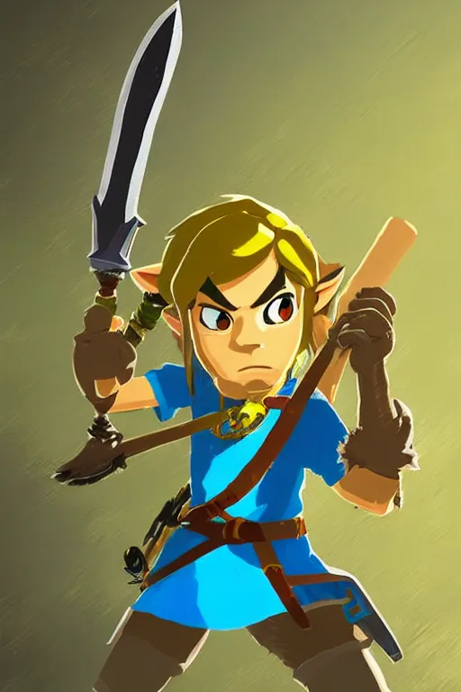 Image similar to an in game portrait of a. angry monkey holding the master sword from the legend of zelda breath of the wild, breath of the wild art style.