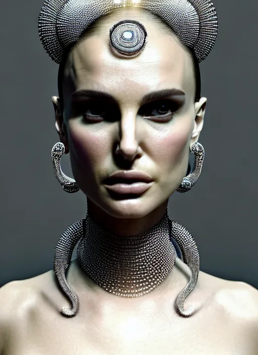 Prompt: portrait of an absurdly beautiful, graceful, sophisticated, fashionable futuristic woman, facial piercings, natalie portman, heavy body modification, hyperdetailed illustration by irakli nadar and alexandre ferra, intricate linework, white porcelain skin, faberge, intricate chrome headdress, dark atmosphere, unreal engine 5 highly rendered, global illumination, radiant light, detailed and intricate environment