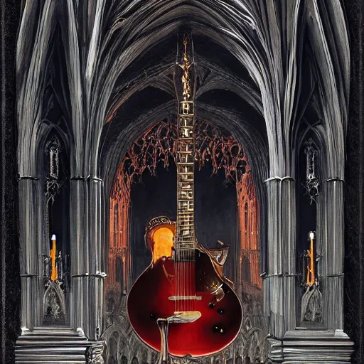 Image similar to Hyperrealistic Count Dracula playing a Gibson electric guitar in front of a gothic cathedral, by Antonio Caparo, Ferdinand Knab, Greg Rutkowski, Amano, and Karol Bak UHD, vivid colors, photorealistic trending on artstation