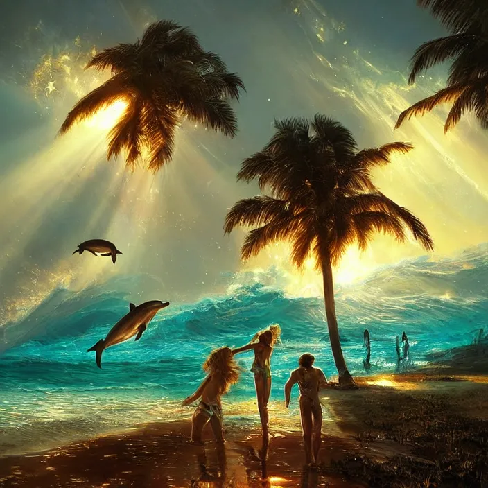 Image similar to dolphins swimming, golden hour, god rays, by artgerm and ruan jia and ismail inceoglu and greg olsen, palm trees, cosmos, milky way galaxy, masterpiece, beautiful, intricate, elegant, highly detailed