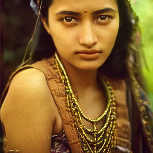 Prompt: vintage portrait of a stunningly beautiful nepali female, dark eyes, dark hair, olive skin, depth of field, zeiss lens, detailed, symmetrical, centered, fashion photoshoot, by edward s curtis, Annie Leibovitz and Steve McCurry, David Lazar, Jimmy Nelsson, Breathtaking, 8k resolution, extremely detailed, beautiful, establishing shot, artistic, hyperrealistic, beautiful face, octane render