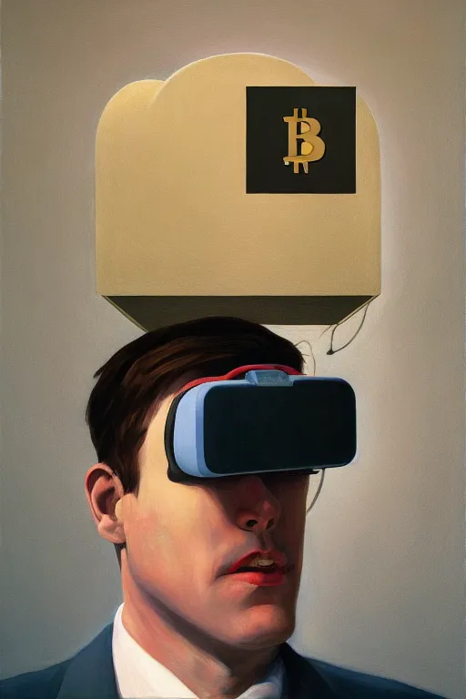Image similar to Michael Saylor wearing oculus and bitcoin over his head Edward Hopper and James Gilleard, Zdzislaw Beksisnski, highly detailed