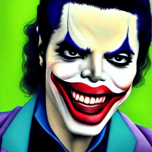 Image similar to michael jackson as the joker laugh on camera, with his hand make unappropriate sign. facial features, symmetrical anatomy, hyperdetailed, coloured comic, baroque, pop punk art style, fantasy, body features, posse features, without duplication, art by artgerm and ilya kuvshinov and vinicius gud and gustavo zambelli, intricate.