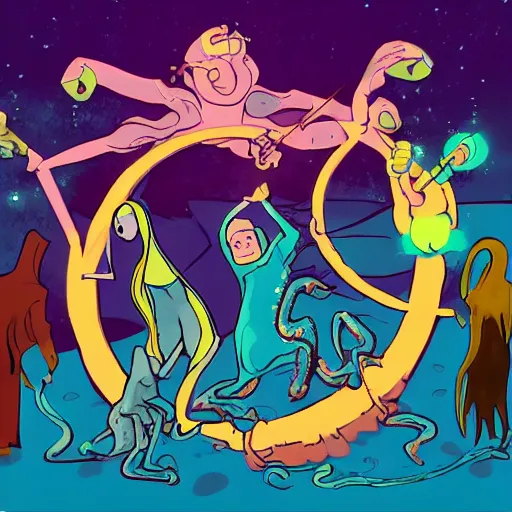 Image similar to a group of lovecraftian cultists in a circle performing a ritual in the style of adventure time