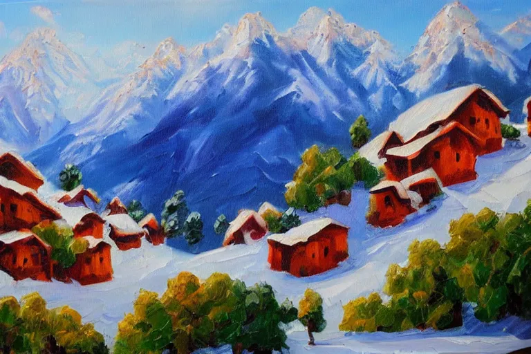 Prompt: beautiful snow mountain village, oil painting, oil in canvas, brushstrokes