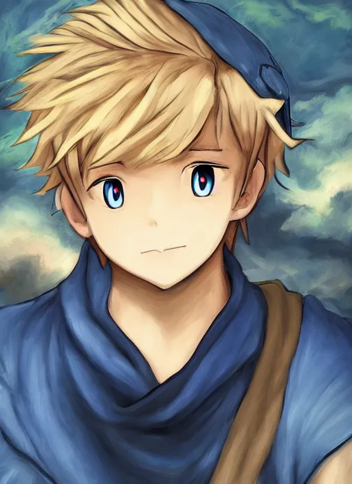 Prompt: An epic fantasy pokemon anime style portrait painting of a young blonde boy thief