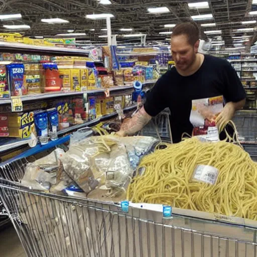 Prompt: The flying spaghetti monster shopping at Walmart.